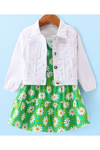 Babyhug Babyhug Single Jersey Knit Full Sleeves Jacket & Floral Printed Frock - Green & White