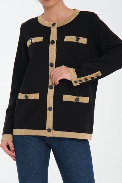 trikobis Minelli Gold Button Detail Silvery Bands Intersie Steel Knitted Wool Knitted Cardigan