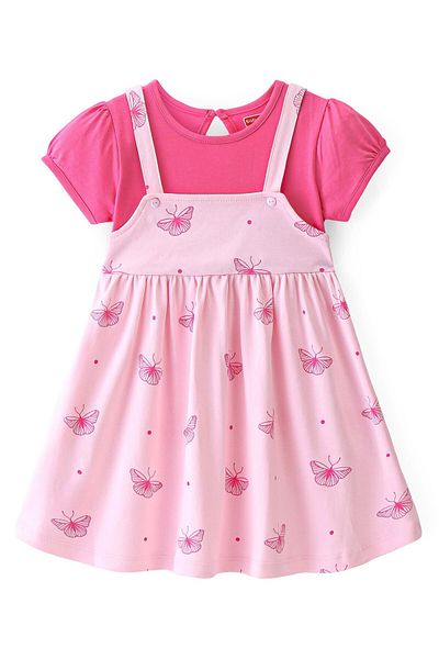 Babyhug Babyhug 100% Cotton Knit Half Sleeves Frock with Butterfly Print - Pink