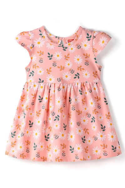 Babyhug Babyhug 100% Cotton Knit Half Sleeves Frock With Floral Print Pack Of 2 - Pink & Orange
