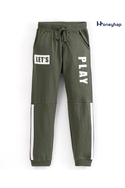 Honeyhap Honeyhap Premium 100% Cotton Looper Full Length Lounge Pants Text Printed Bio Finish-Bronze Green