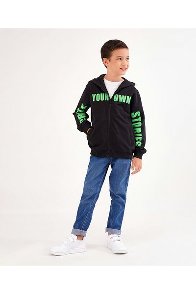 Primo Gino Primo Gino Full Sleeves Cotton Hooded Sweatshirt Placement Print- Black
