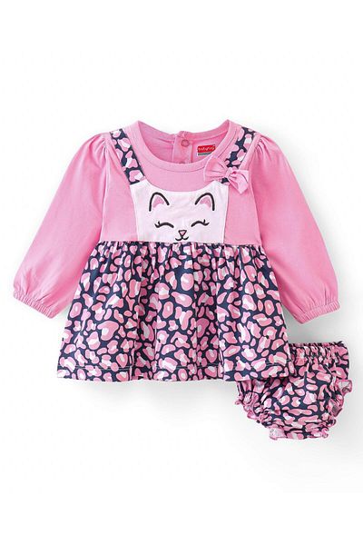 Babyhug Babyhug Frock with Bloomer Kitty Embroidered & Bow Applique- Pink