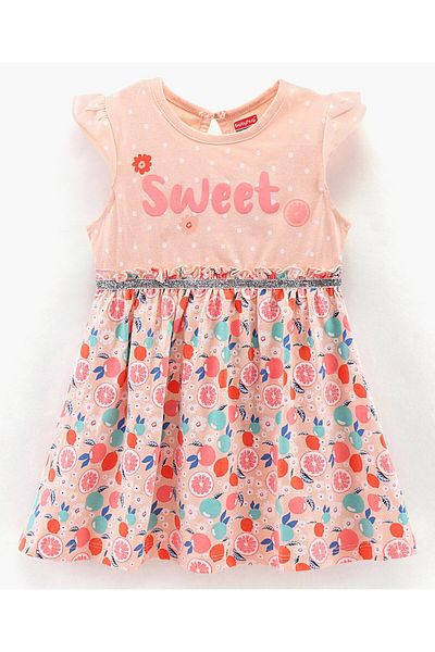 Babyhug Babyhug 100%Cotton Cap Sleeves Frock With Bloomer Fruits Print - Light Pink
