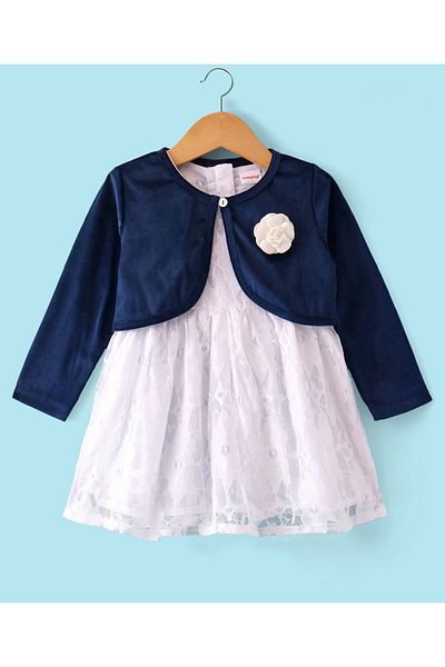 Babyhug Babyhug Woven Frock with Three Fourth Sleeves Jacket Floral Applique - Navy Blue
