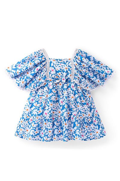 Babyhug Babyhug Woven Crinkled Rayon Half Sleeves Frock With Lace Detailing Floral Print - Blue
