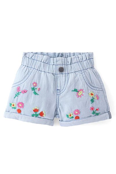 Bonfino Bonfino 100% Cotton Elasticated Waist Denim Shorts with Floral Embroidery - Light Blue