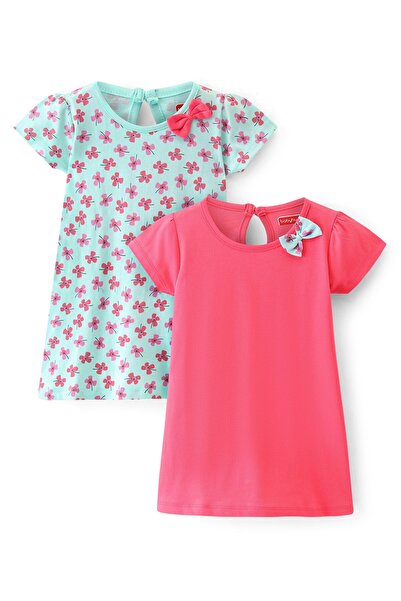 Babyhug فستان بيبي هاج نصف كم محبوك من القطن بنسبة 100% مع طبعة زهور وتطريز ف...