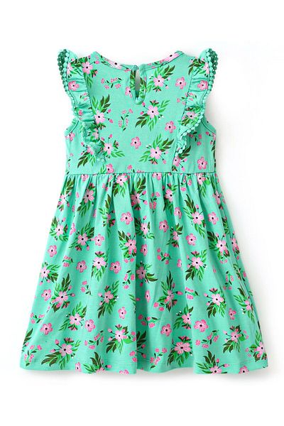 Babyhug Babyhug Cotton Jersey Knit Cap Sleeves Floral Print Frock - Green