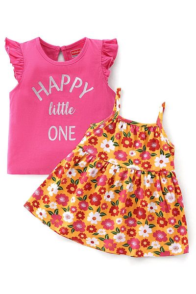 Babyhug Babyhug 100% Cotton Jersey Frock With Knitted Inner Tee Floral & Text Print - Pink & Yellow