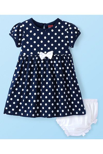 Babyhug Babyhug Single Jersey Knit Short Sleeves Polka Dots Printed Frock with Bloomer - Navy