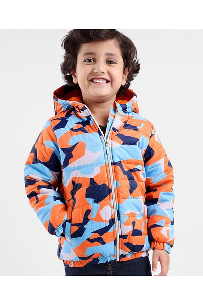 Babyhug Babyhug Full Sleeves Hoodie With Camouflage Print - Orange & Blue