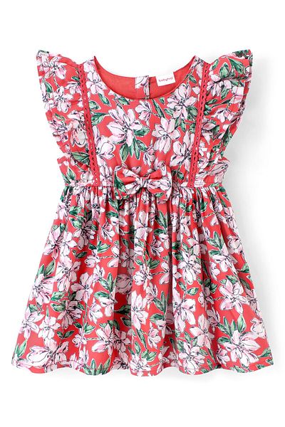 Babyhug Babyhug Rayon Woven Short Sleeves Fit and Flare Frock Floral Printed - Red