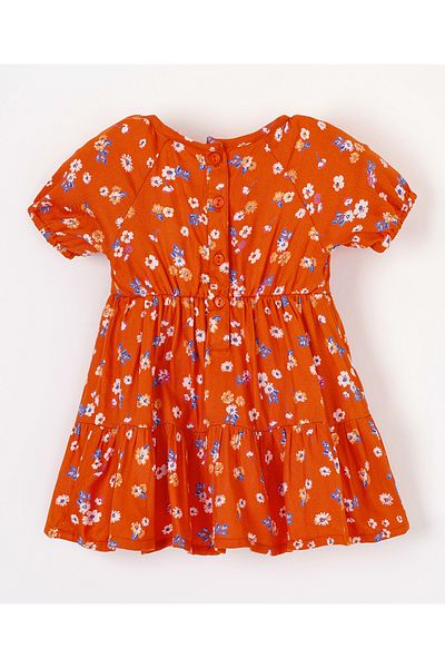 Babyhug Babyhug Half Sleeves 100% Rayon Twill Frock Floral Print - Orange
