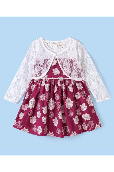 Babyhug Babyhug Cotton Woven Sleeveless Frock With Knit Shrug Floral Print - Maroon & White