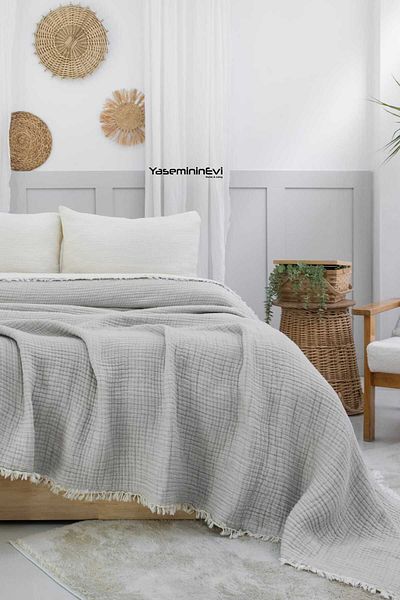 YASEMİNİNEVİ Double Stone Color 6 Layer Muslin Quilt, Bedspread 220X240Cm
