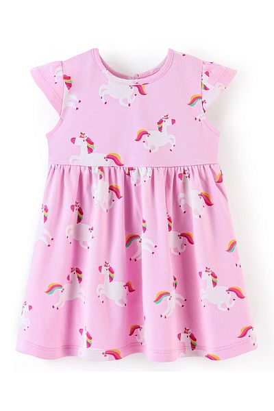 Bonfino Bonfino 100% Cotton Interlock Short Sleeves Frock Unicorn Print - Pink