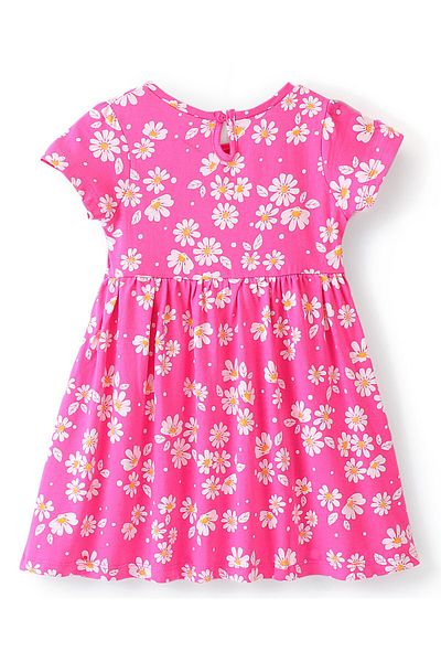 Babyhug Babyhug Cotton Knit Half Sleeves Floral Print Frock with Bow Applique - Pink