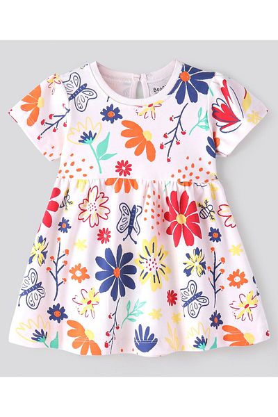 Bonfino Bonfino 100% Cotton Knit Short Sleeves Frock With Bloomer Floral Print- Ivory