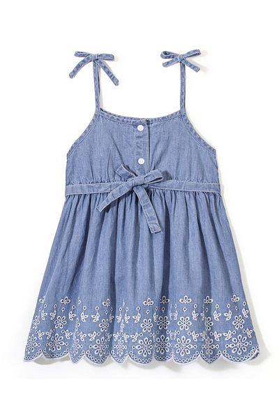 Babyhug Babyhug Embroidered Denim Frock with Short Sleeves Inner Tee - Blue