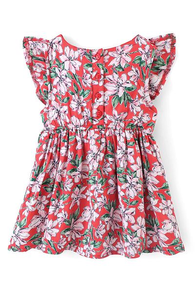 Babyhug Babyhug Rayon Woven Short Sleeves Fit and Flare Frock Floral Printed - Red