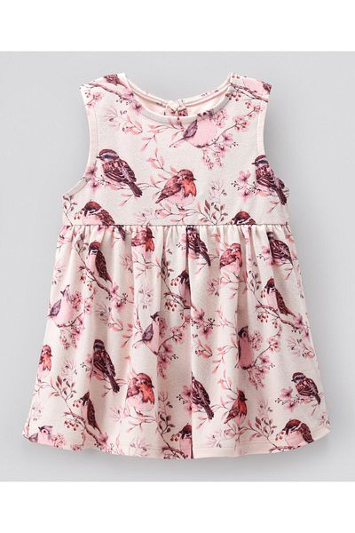 Bonfino Bonfino 100% Cotton Sleeveless Frock with Bloomer Bird Print - Pink