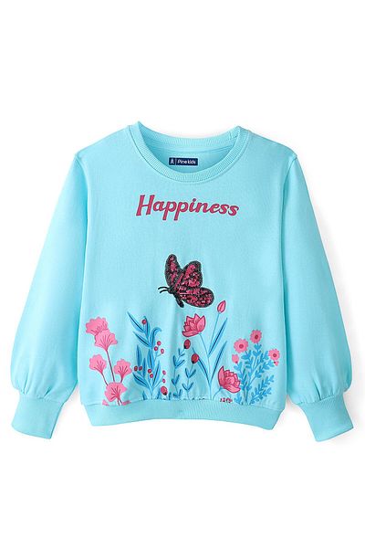 Pine kids سويت شيرت Pine Kids من القطن المحبوك بأكمام طويلة ومزين بالترتر مع طبعة زهور - فيروزي