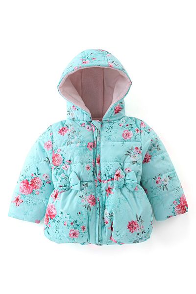Babyhug Babyhug Woven Full Sleeves Hooded Jacket with Bow Floral Print - Aqua Blue
