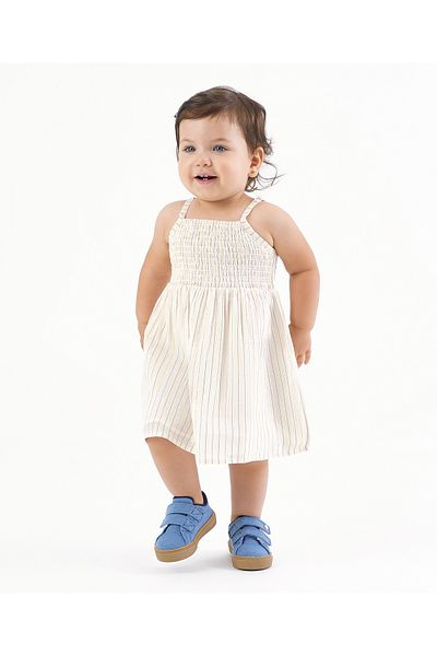 Bonfino Bonfino 90% Cotton 8% Viscose 2% Mettalised Fibre Singlet Frock With Lurex Stripes - OffWhite