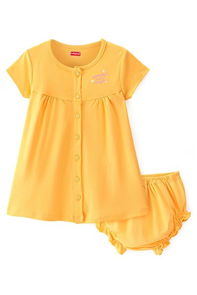 Babyhug Babyhug 100% Cotton Half Sleeves Frock With Bloomer Text Print - Yellow