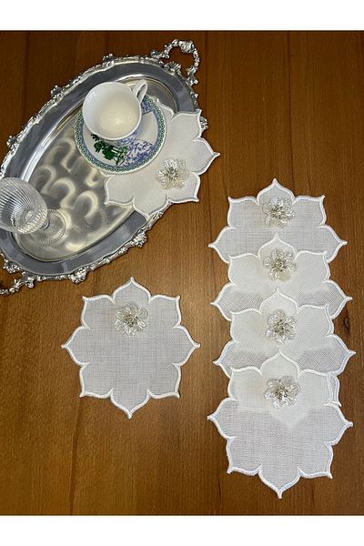 Smiling Home 6 Pieces of Linen Ecru Color Stylish Orchid Star Patterned Cocktail Presentation Napkin