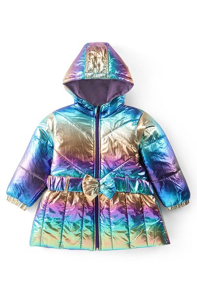 Babyhug Babyhug Woven Full Sleeves Hooded Jacket with Bow Applique Belt Metallic Print - Multicolor