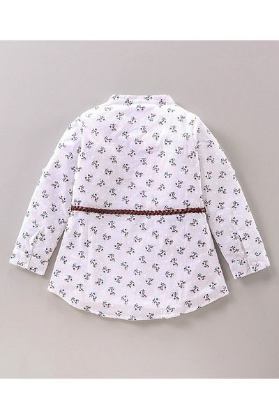 Babyhug Babyhug Full Sleeves Frock with Belt Floral Print - White