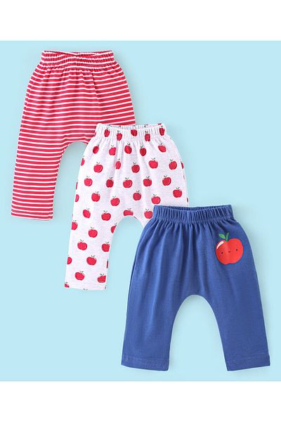 Babyhug Cotton Knit Full Length Striped Diaper Pants Fruits Print Pack of 3 - Red White & Blue