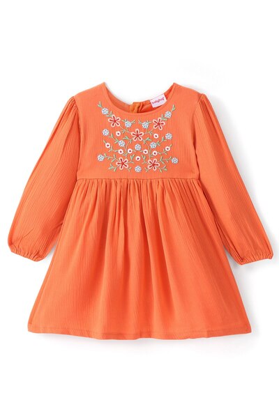 Babyhug فستان Babyhug من القطن المحبوك بأكمام طويلة ومطرز بالزهور - برتقالي