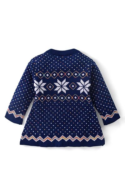 Babyhug Babyhug Knitted Full Sleeves Woollen Dress with Aztec Design - Blue