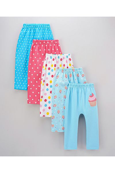 Babyhug Full Length Cotton Knit Diaper Pants Multi Prints - Blue White Pink