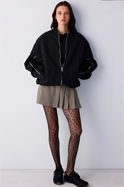 Penti Kadın Leopar Siyah File Dantelli Desenli Külotlu Çorap