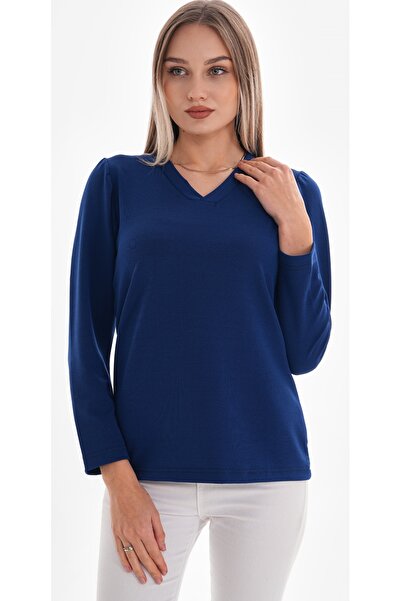 DEVRİMAY TEKSTİL Жіноча темно-синя блуза з V-подібним вирізом та лікрами