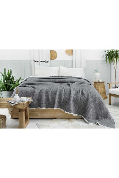 YASEMİNİNEVİ Muslin/Antacid-Grey/Quilt/Bed Cover