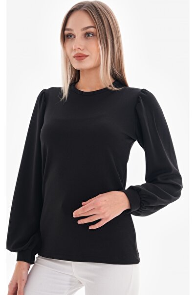 DEVRİMAY TEKSTİL Γυναικεία μπλούζα κρεπ λύκρα μαύρο μανίκι μπαλόνι