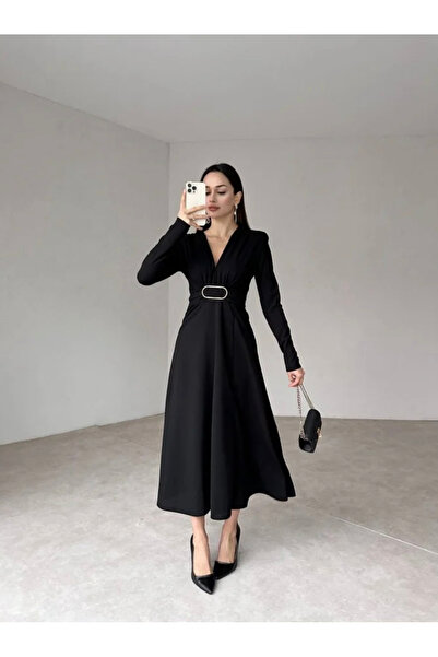 Butik Aura Mou Siyah Kemerli V Yaka Vatkalı Midi Elbise