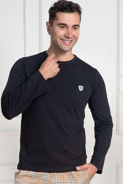 Mecit Pijama Ανδρικό εποχιακό μαύρο μπλουζάκι από βαμβάκι και λύκρα και μπλουζάκι πιτζάμα - λαιμόκοψη, μακρυμάνικο