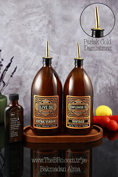 TheBRo 1lt Amber Renkli Ahşap Stantlı Vintage Desenli Cam Yağdanlık 2'li Set ...