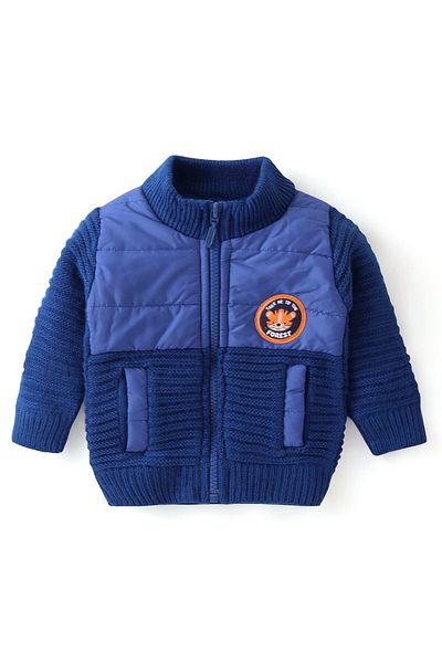 Babyhug Örme Tam Kollu Yüksek Yaka Ön Açık Kazak Kablo Örgü Tasarımı ve Kaplan Yaması - Mavi