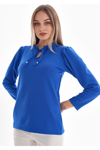 DEVRİMAY TEKSTİL Γυναικεία μπλούζα κρεπ με βολάν με λαιμόκοψη