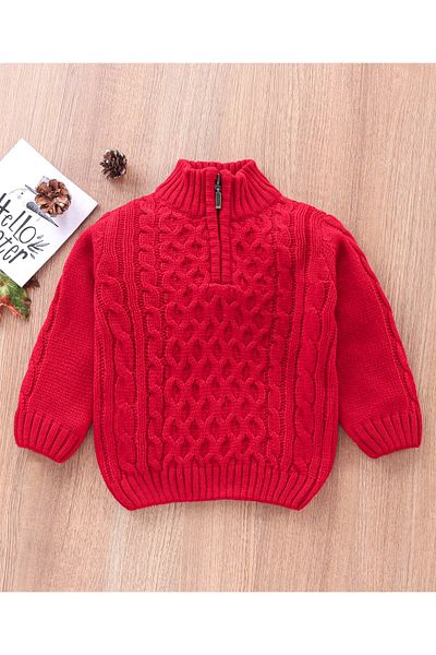 Babyhug Uzun Kollu Kablo Örgü Henley Kazak - Kırmızı