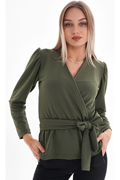 DEVRİMAY TEKSTİL Women's Khaki Waist Belted Double Breasted Lapel Lycra Crepe Blouse
