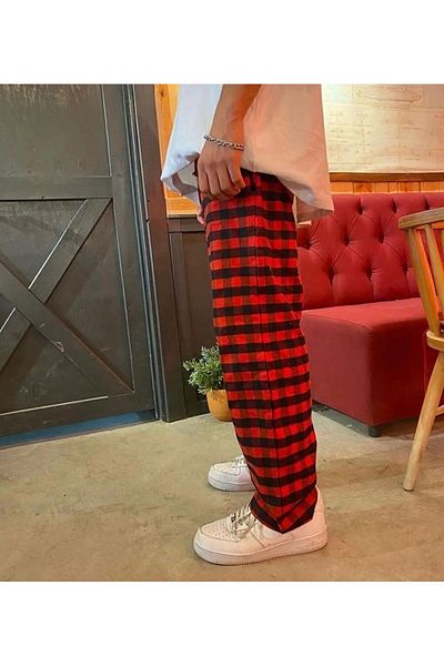 RE7EDİ Unisex Red Black Plaid Patterned Pajama Bottoms - XL