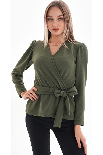 DEVRİMAY TEKSTİL Women's Khaki Waist Belted Double Breasted Lapel Lycra Crepe Blouse